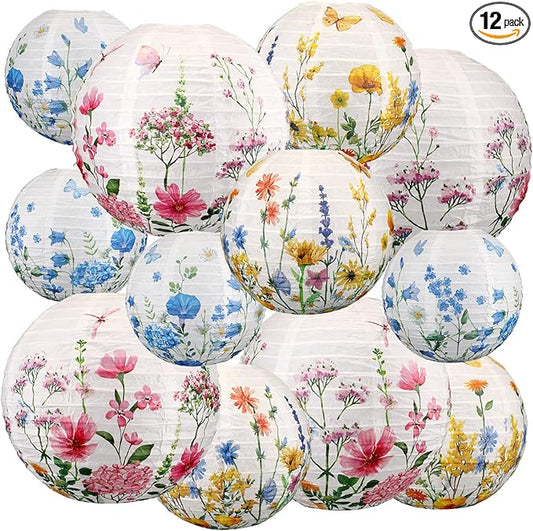 Baquler 12 Pcs Spring Wildflower Paper Lanterns Party Decorations Watercolor Floral Hanging Lantern 3 Styles for Baby in Bloom Baby Shower Wedding Garden Tea Summer Home Indoor Outdoor Party Decor