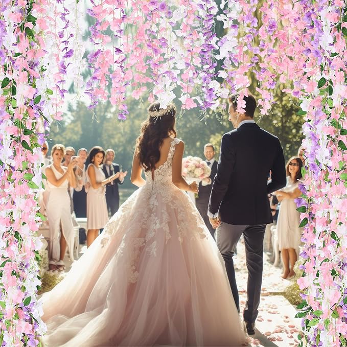 Thiccywoov 4pcs Wisteria Artificial Flowers Garland, 7.2Ft/Piece Wisteria Hanging Flowers Garland for Wedding Arch Decoration Outdoor Ceremony Home Backdrop Garden (Light Purple,White,Light Pink)