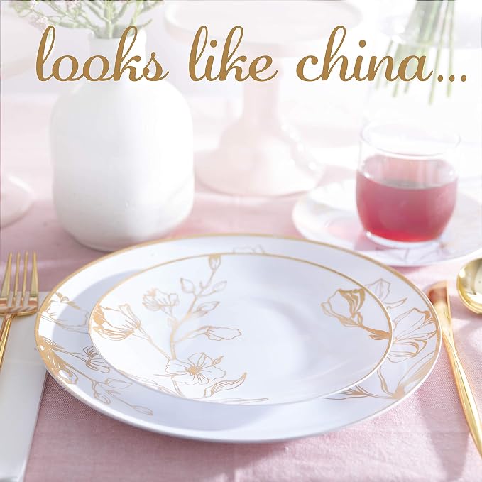 PLASTICPRO 32 Piece Combo Plates Set includes 16-7'' inch Plates & 16-10'' inch Plate White Plastic Floral Design Party With Gold Rim, Premium heavyweight Elegant,Dishes,