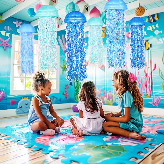 OBXT 10" Blue Hanging Jellyfish Paper Lanterns - Under the Sea Party & Mermaid Birthday Decorations, Baby Shower, Nautical Events, Ocean Theme Classroom & Beach Room Decor (Set of 6)