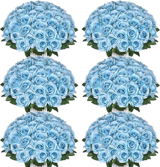 90pcs Fake Sky Blue Roses Artificial Flowers Bulk Realistic Silk Faux Rose with Stems for Wedding Decoration Anniversary Bridal Bouquet DIY Floral Arrangement Romantic Home Decor Gifts