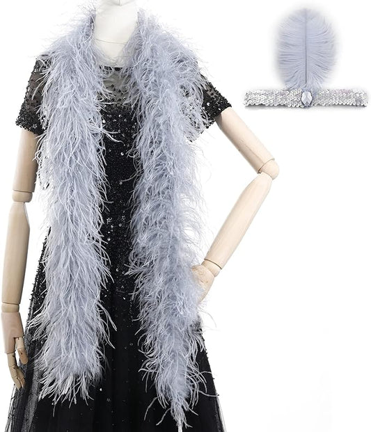 Soarer Grey Ostrich Feather Boas – 2yards 3ply Long Boas for Party, DIY Production, Clothing Decoration (Grey)