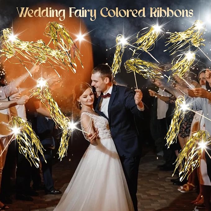 Drixbor 100 PCS Light Up Wedding Wands - LED Tinsel Streamers for Wedding Send Off & Grand Entrance, Party Favors for Weddings Birthdays Christmas (Gold)
