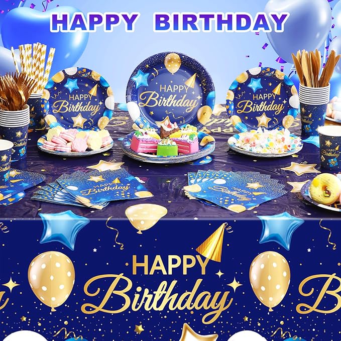 Norme 176 Pcs Navy Blue and Gold Birthday Tableware Set Birthday Decoration Includes Tablecloth Paper Plates Napkins Paper Cups Forks Knifes and Straws for 25 Guests Party Supplies (Fashion)