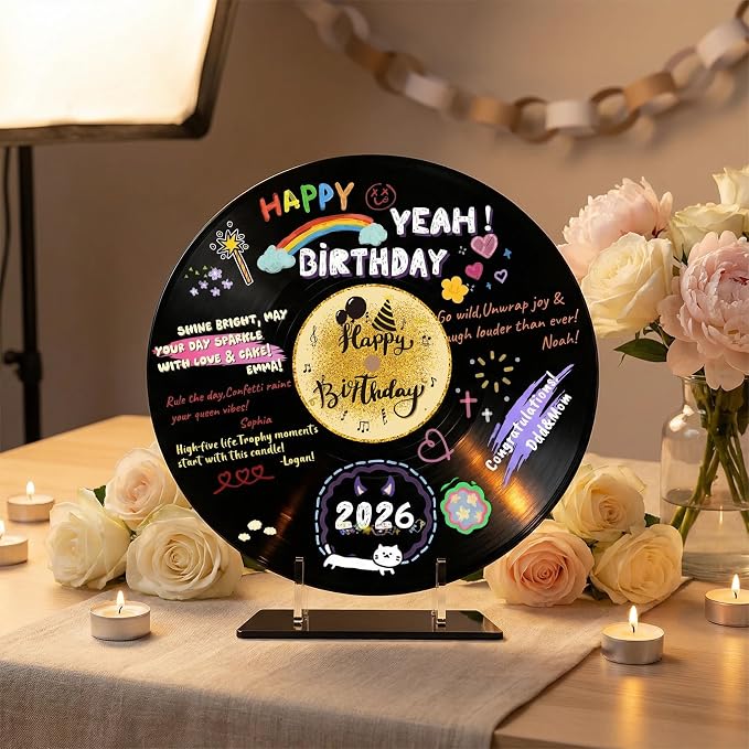 ReeGii Vinyl Record Guest Book for Birthday Decorations - Large 11.6"x11.6" Birthday Party Sign Poster with 12 Pens,Unique Keepsake Gift for Friends and Family