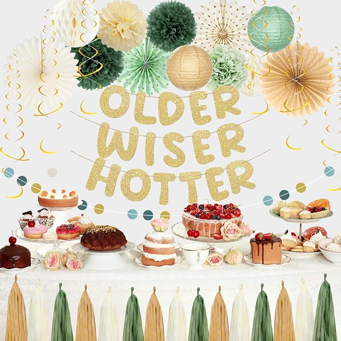 Roetyce Birthday Party Decorations, Green Gold Glitter Older Wiser Hotter Banner Photo Background for Women Men, Funny Happy Birthday Backdrop Decor, 30th 40th 50th 60th 70th 80th Party Supplies