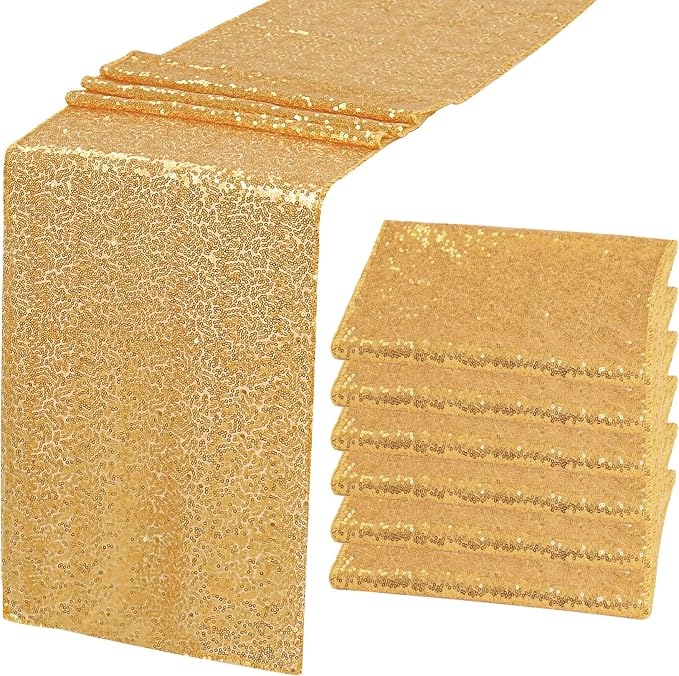 6 Pack Champagne Gold Sequin Table Runner 12" x 72" Sparkle Table Runner for Baby Bridal Shower Wedding Birthday Party Table Decor (Champagne Gold)