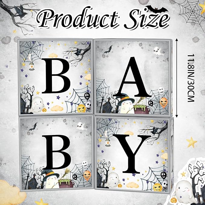 AmazingSpark 4 Pcs Halloween Little Boo Baby Shower Boxes with Letters Ghost Balloon Boxes Decor Blocks Baby Shower Centerpiece for Happy Boo Day Birthday Party Supplies Photography Prop