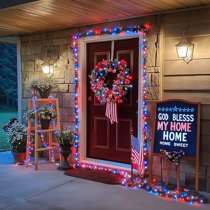 JMEXSUSS 250 LED Red White and Blue Lights, 91.5ft Patriotic Lights Plug in | Connectable, Green Wire, Waterproof, 8 Modes, Indoor/Outdoor Use, Tree Yard Patio Home Decor, Perfect for 4th of July Day