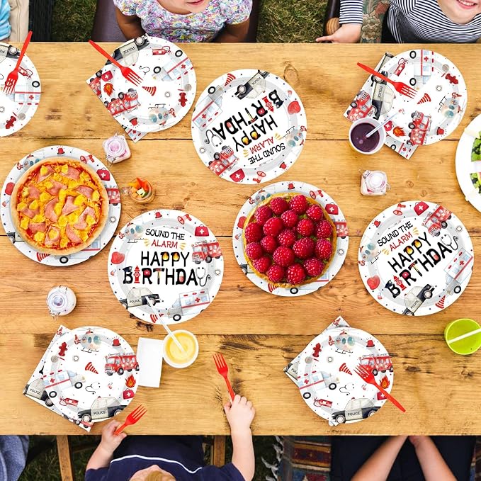 Grencian 96pcs Emergency Vehicle Birthday Party Decorations First Responder Fire Truck Plates and Napkins Ambulance Police Car Tableware for Boys Girls Emergency Vehicle Birthday Party Decorations