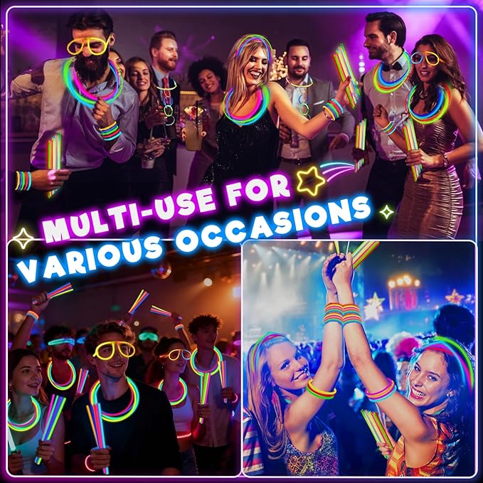 TURNMEON 240 Pack Ultra Bright Glow Sticks Bulk Glow In The Dark Party Supplies Necklace Bracelet with Connector 8" Light Up 14Hrs Long Last Party Favors Toy Birthday Wedding Pool Patriotic
