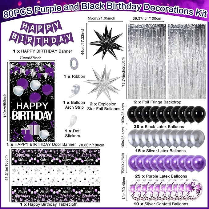 Purple and Black Birthday Decorations for Women Men, Happy Birthday Decorations for Girls Boys Purple Bday Party Decorations Banner, Balloons, Tablecloth Foil Backdrop Star Balloons Bday Party Decor