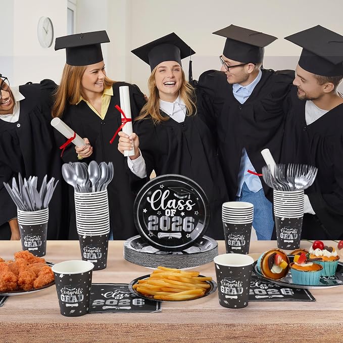 Funnymoom 400 Pcs Graduation Party Supplies Class of 2026 Graduation Paper Plate Napkin Cup Cutlery Congrats Grad Disposable Tableware Set for Grad Party Decorations, Serve 50(Black)