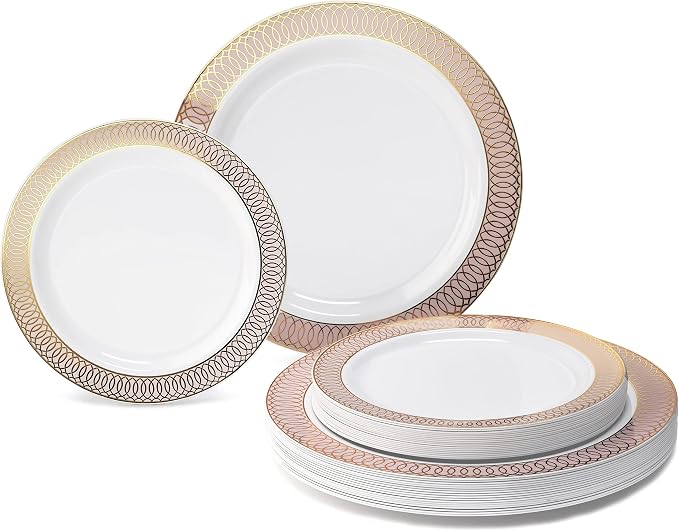 " OCCASIONS " 50 Plates Pack (25 Guests)-Wedding Party Disposable Plastic Plate Set -25 x 10'' Dinner + 25 x 7.5'' Salad/Dessert plates (Venice in White/Blush/Peach & Gold)