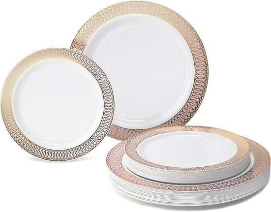 " OCCASIONS " 50 Plates Pack (25 Guests)-Wedding Party Disposable Plastic Plate Set -25 x 10'' Dinner + 25 x 7.5'' Salad/Dessert plates (Venice in White/Blush/Peach & Gold)