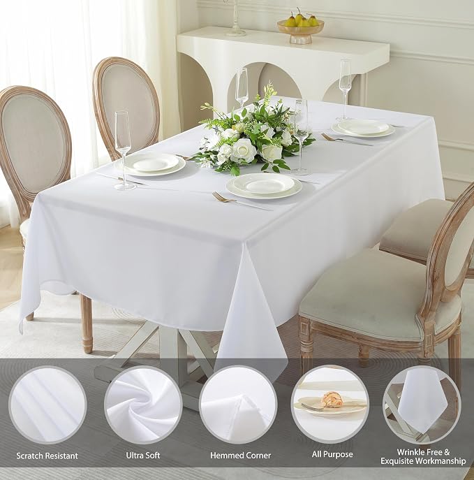 5 Pack Rectangle Tablecloth, 60 x 126 Inch White Tablecloth, 8ft Rectangle Table Cloth, Polyester Fabric Washable Tablecloth for Home, Party, Wedding or Restaurant Use.