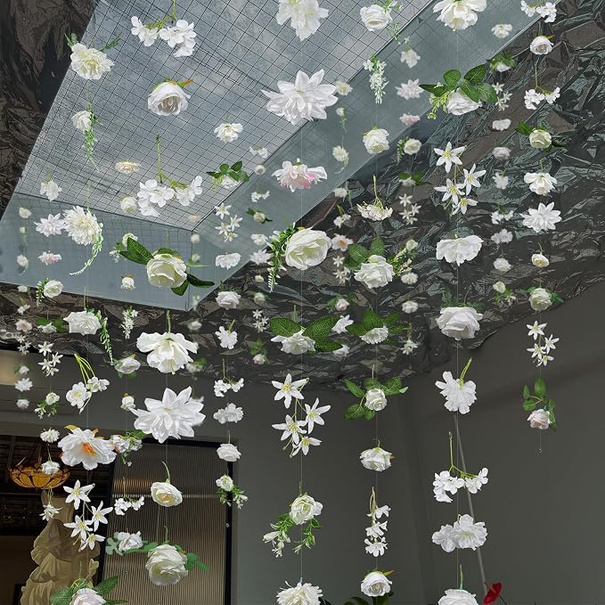 Suncalla 12 Pcs 70.8 ft Wildflower Garland Pre Strung Artificial Hanging Flower Vine Backdrop Decor from Ceiling Floating Silk Floral Garland for Garden Wedding Bridal Shower(Boho,White)
