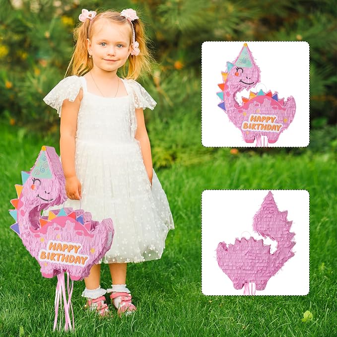 VinTS Pink Dinosaur Piñata Kids Dino Piñata with Blindfold Bat for Dinosaur Themed Party Game Girls Birthday Party School Activitives Dinosaur Birthday Decor(16.5x13x3.15in)