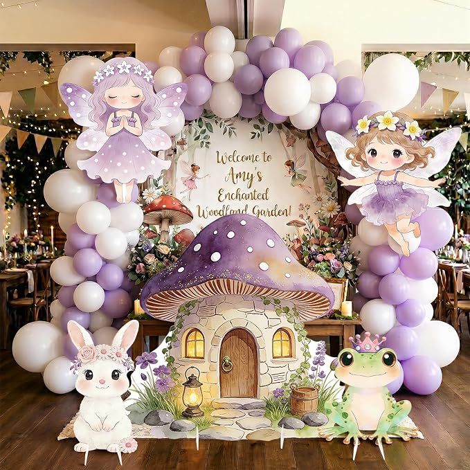 5PCS Purple Fairy First Birthday Decorations, Magical Woodland Cardboard Cutouts Corrugated Plastic Yard Signs Enchanted Garden Themed Party Supplies Princess Baby Shower Photo Props