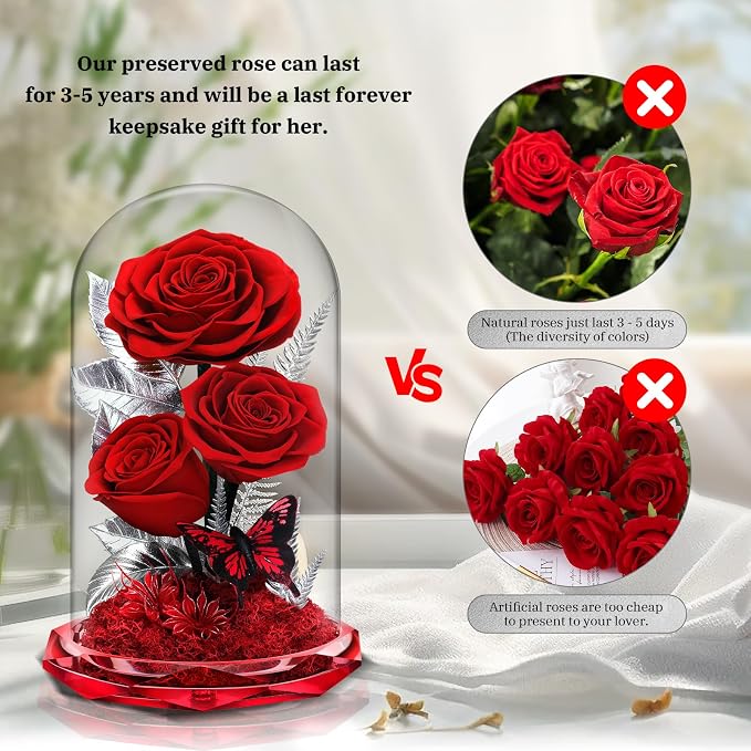 Forever Roses in Glass Dome - Preserved Flowers,Birthday for Her Women Valentine's Day, Mother's Day, Anniversary A-Grade Red Roses, Home Decor for Girlfriend,Wife, Mom (Red)