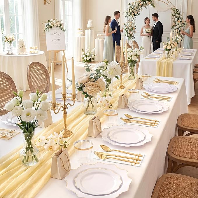 WDF 350PCS White and Gold Plastic Plates - Gold Plates Disposable 50Guest Plastic Dinnerware Ideal for Party/Wedding/Birthday