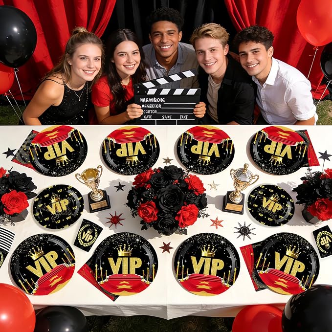 168Pcs Vip Party Decorations Movie Star Red Carpet Plates Napkins Cups Forks Knives Spoons Tableware Set Red Black Cine Film Show Celebrity Activity Graduation Prom Birthday Party Supplies Serves 24