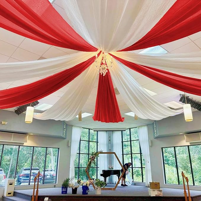 MODFUNS 4 Panels Red Ceiling Drapes 5FTx20FT Chiffon Fabric Draping Fabric Sheer Wedding Ceiling Drapery Chiffon Curtains for Backdrop Swag Drape Curtains for Wedding Arches Anniversary Tent Draping