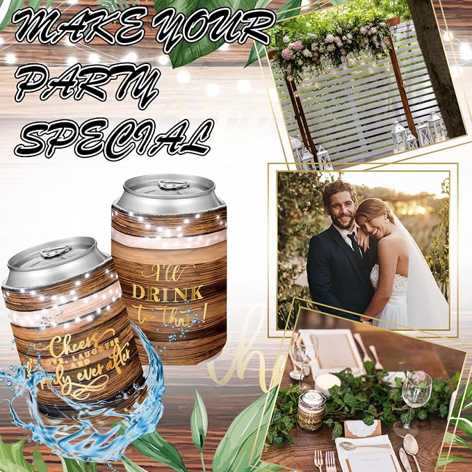 SiliFine 101 Pcs Wood Grain Wedding Can Cooler Bulk Engagement Party Favors for 100 Guests Cheers to Love Laughter, and I'll Drink Can Cooler with Wooden Wedding Table Sign Bridal Shower Favor