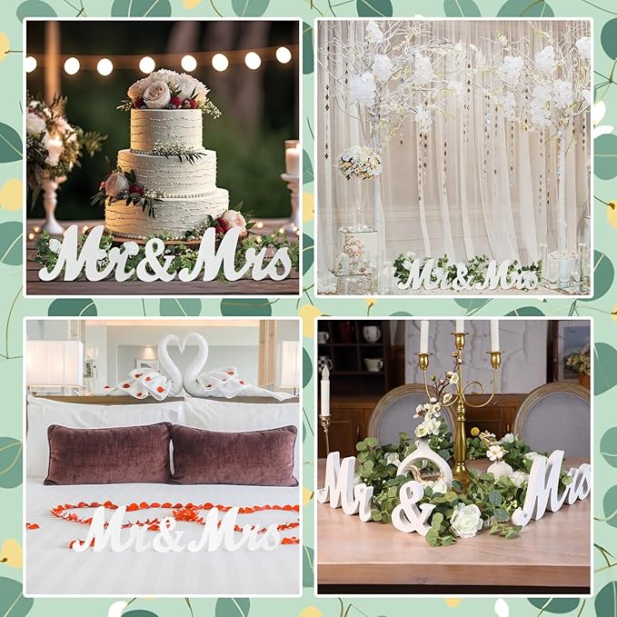 Canlierr 2pcs Large White Mr & Mrs Sign for Wedding Table with 5.91ft Artificial Flowers Garland, Wedding Centerpieces Wooden Bride and Groom Table Decorations for Engagement Decor(White Rose)
