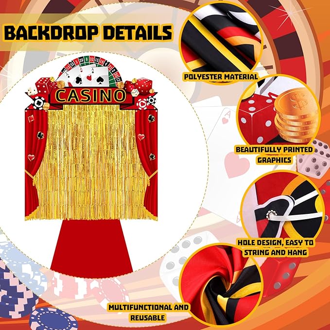 VitalCozy 7pcs Casino Party Decorations Casino Night Party Porch Banners Red Rug Gold Foil Fringe Backdrop Curtains for Las Vegas Poker Dice Birthday Halloween Photo Background Door Entryway Decor