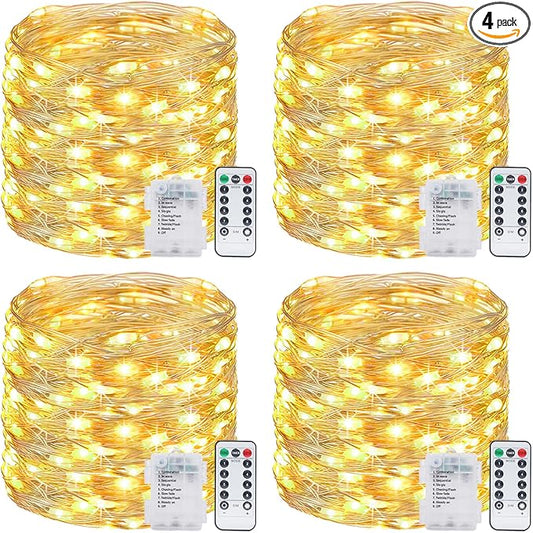 4 Pack Fairy Lights Battery Operated with Remote, Total 480LED 156Ft Battery Powered String Lights with Timer, 8 Modes Waterproof Twinkle Christmas Lights for Bedroom Party Indoor Mason, Warm White