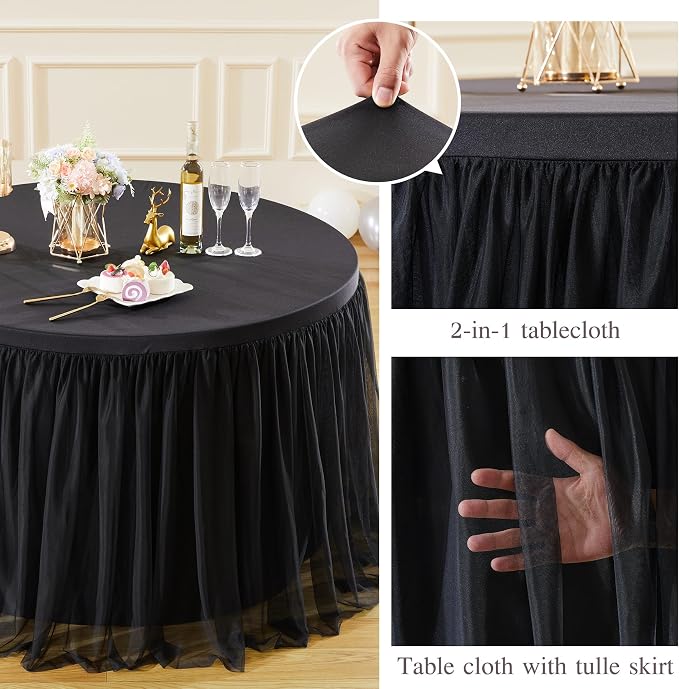 HB HBB MAGIC Black Round Tablecloths 60 inch Stretchy Elastic Fitted Round Table Cloths Round Cover 120 inch, Black Round Tulle Tablecloth Tulle Table Cloth with Skirt for Wedding Birthday Party