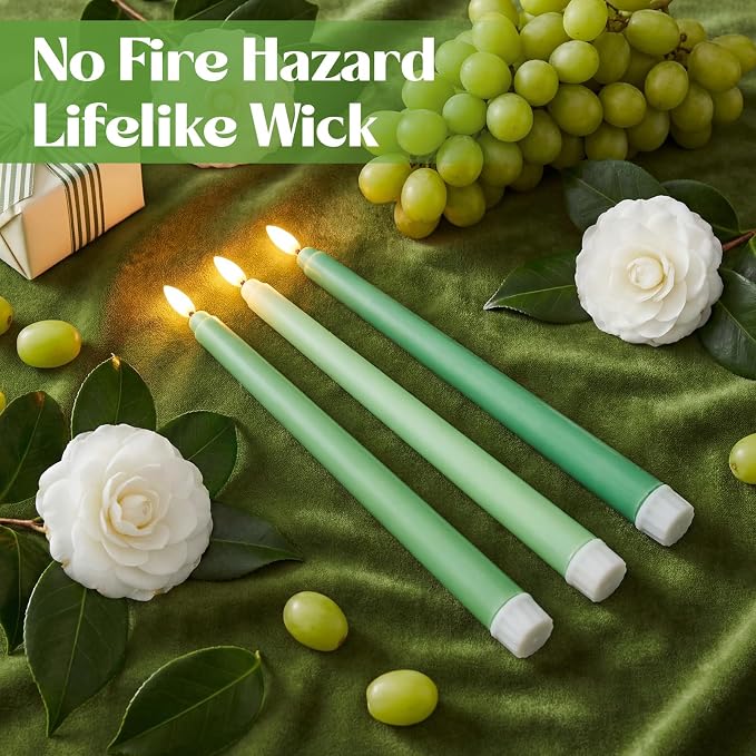 Macarrie 24 Packs Flameless Taper Candles Battery Operated Fake 11 Inch Long Candlelight LED Flameless Candlesticks Flickering Tapered for Summer Fall Wedding(Spring Green)