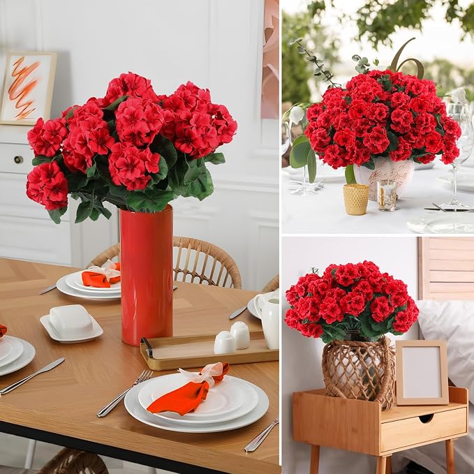 Hananona 12 Pcs Artificial Geranium Flowers for Outdoors Geranium Silk Red Flowers Outdoor UV Resistant Garden Plants Faux Flower for Christmas Home Kitchen Table Centerpieces Decor (12, Red)