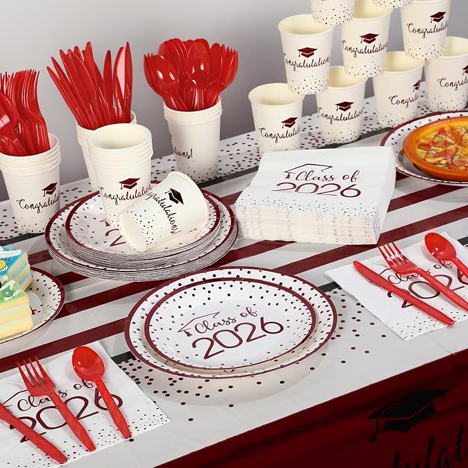 350pcs Class of 2026 Graduation Plates and Napkins Set, Disposable Paper Plate Set Polka Dots Napkins Cups Knife Fork Spoon for Graduation Party Decorations and Supplies,Serve 50 (White Maroon)