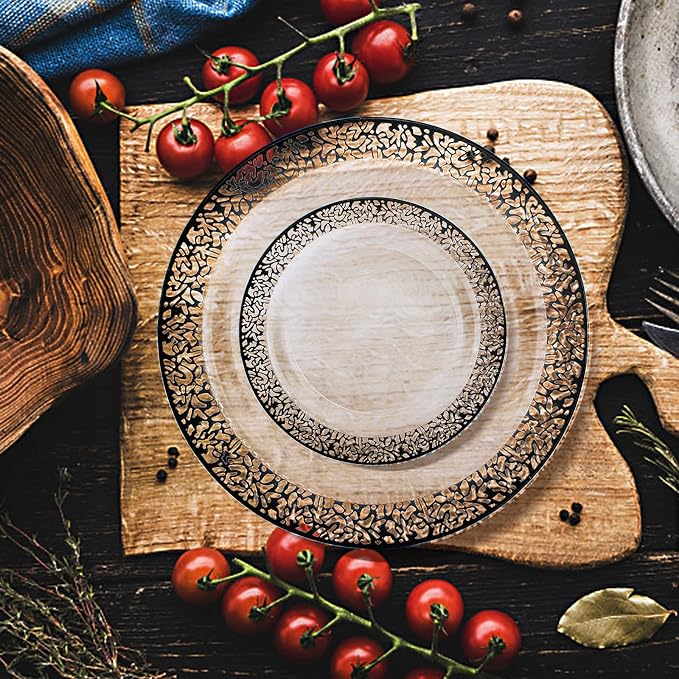 U-QE 10pcs Clear and Black Plastic Plates | 5 Dinner Plate 10.25 '' &5 Dessert 7.5 '' Plate, Premium Party Supplies, Heavy Duty Plastic Plates Disposable