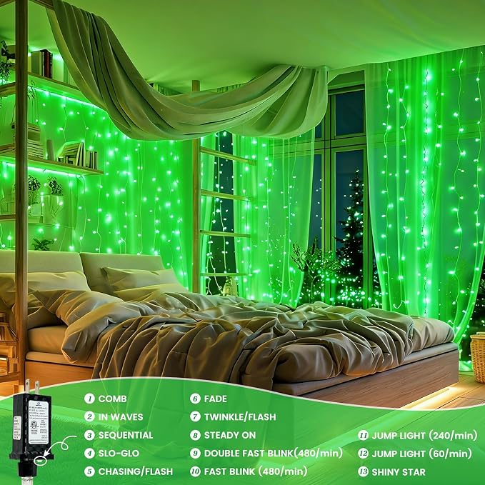 Connectable 2Pack String Lights Indoor, 66FT 200LED String Lights, 13Modes Twinkle Fairy Lights Plug in Outdoor Waterproof, Green Clear Wire Light for Christmas Tree, Wedding Yard, Party Decor