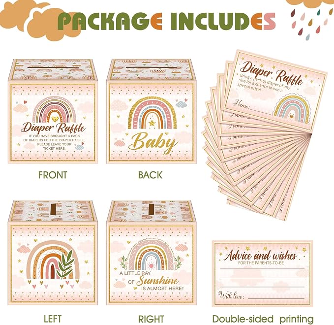 Teling 51 Pieces Diaper Raffle Tickets with Card Box Baby Shower Decorations Baby Shower Holder Box for Girl Boy Diaper Raffle Party (Rainbow)
