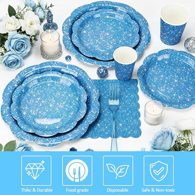 Blue Iridescent Plates and Napkins Set, Disposable Light Blue Holographic Plates Cups Napkins Forks Tablecloth Party Supplies for Birthday Baby Shower Bridal Shower Party Decorations, Serves 24 Guests
