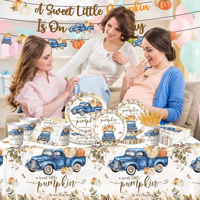 Little Pumpkin Baby Shower Decorations, 142pcs A Sweet Little Pumpkin Is On The Way Banner Pumpkin Plates and Napkins Boy Blue Truck Boho Thanksgiving Fall Gender Reveal Baby Shower Party Supplies