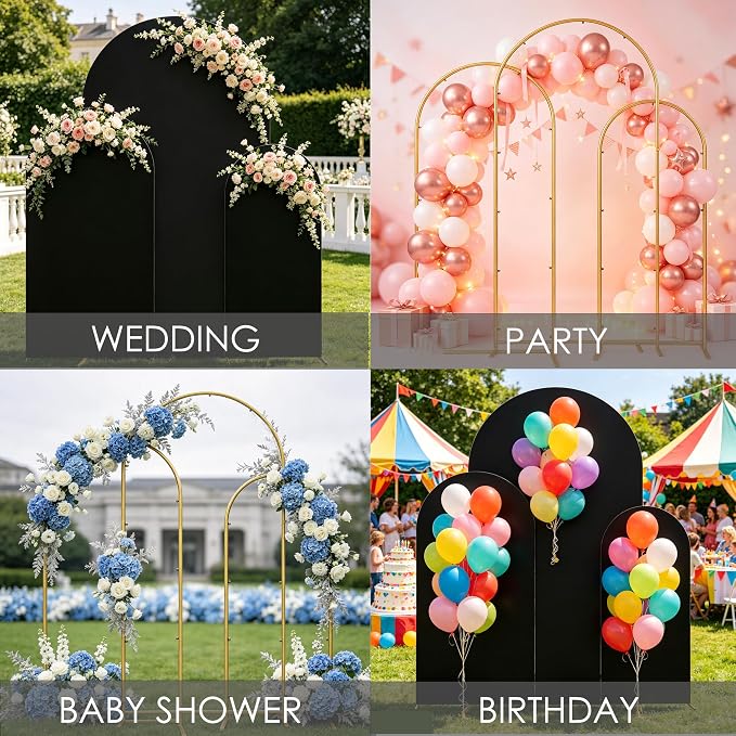 Wedding Arch Backdrop Stand and Cover Set, Black, 6FT/6.6FT/7.2FT | Set of 3, Metal Arch Backdrop Stand, High Elasticity Arch Cover, For Wedding Birthday Baby Shower