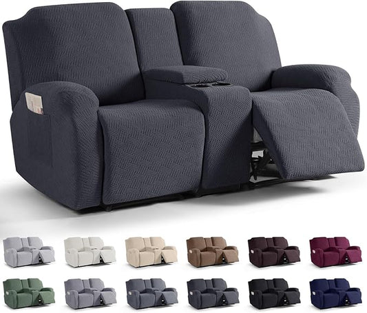KinCam Loveseat Recliner Covers with Middle Console Slipcover, Recliner Sofa Covers 2 Seat Couch Cover Stripe Jacquard Furniture Protector Covers with Elastic Bottom for Kids, Pets (Charcoal Gray)