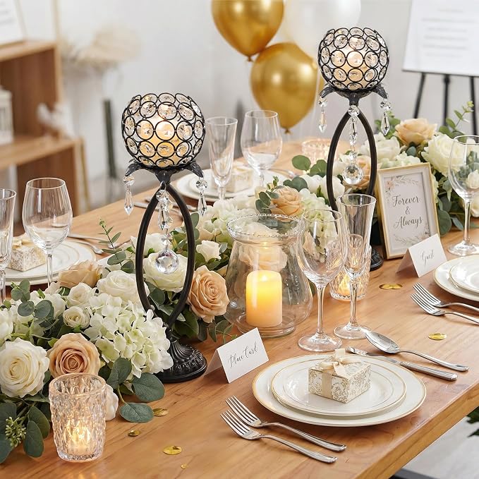 6 Pcs Black Elegant Metal Crystal Tea Light Candle Holders with Crystal Pendants, Hollow Design - Wedding Table Centerpieces for Anniversary Birthday Party, Home Decor