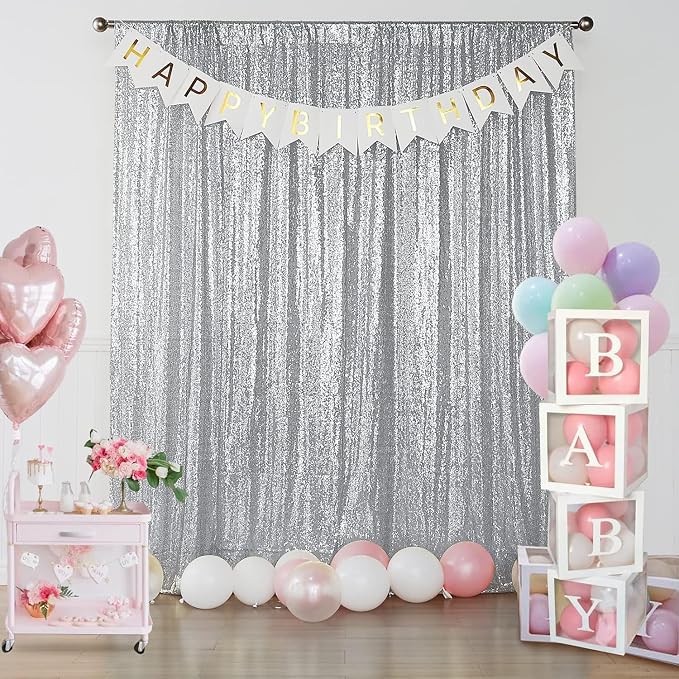 Sugargirl Silver Sequin Backdrop Curtain 6 Panels 2FTx8FT Glitter Silver Background Drapes Sparkle Photography Backdrop for Party Wedding Birthday Wall Decoration