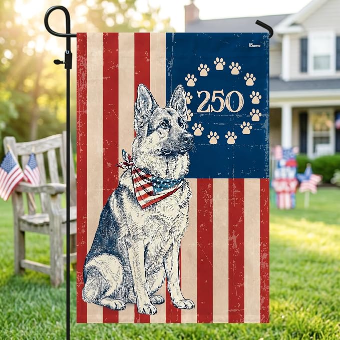 FLAGWIX 250 Anniversary American German Shepherd Flag - Polyester Double-sided Garden Flags For Outside (11.5" x 17.5") - 250 Years 4th of July Decorations for Home Yard Garden Decor Banner
