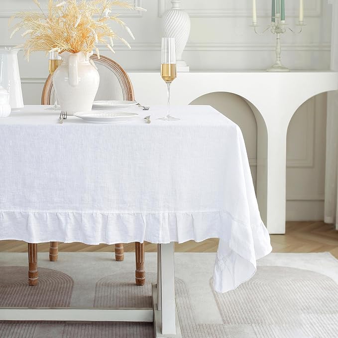 Linen World Ruffle Linen Tablecloth,100% French Linen White Tablecloth 120" x 60" Inch,Washable Rectangular Tablecloth for Dining,Outdoor,Weddings and Restaurants,Decorative Thanksgiving Christmas