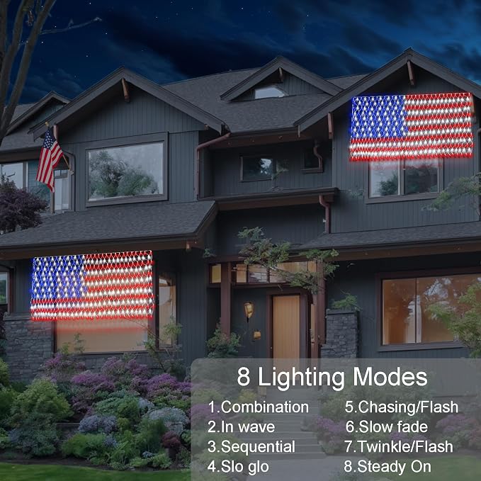 Solar American Flag Lights Outdoor420 LEDs US Flag Net Lights 6.5 x 3.28 Ft | Solar Flag Lights with Remote Dimmable Timer 8 Lights Modes for Independence/National/Memorial Day July 4th