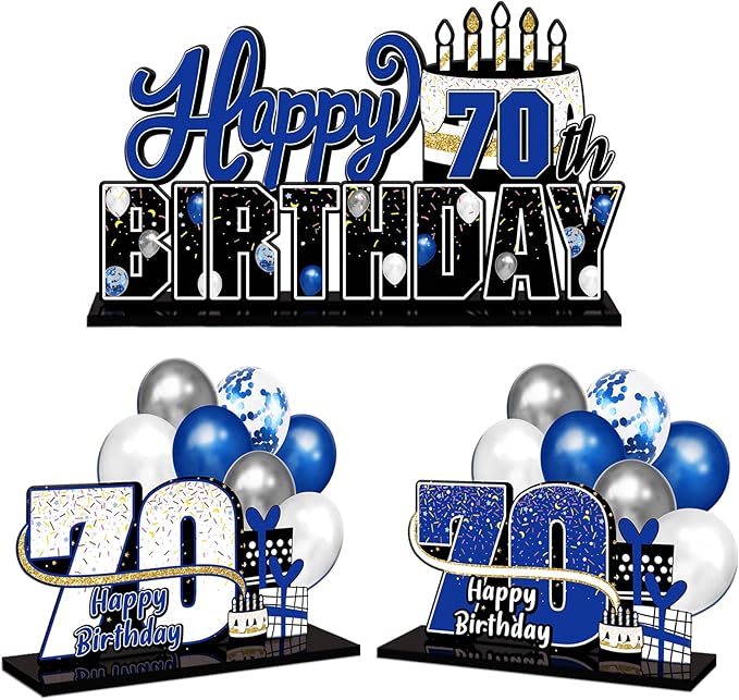 LINGTEER Happy 70th Birthday Blue Acrylic Table Topper Centerpieces Set - Cheers to Seventy Years Old Birthday 70th Bday Party Gift Decorations.