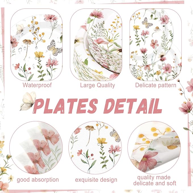 Ziliny 250 Pcs Wildflower Party Decorations Include Spring Summer Floral Paper Plates Napkins and Cups for Wildflower Baby Shower Tea Decorations, Serve 50 Guest (Boho, Pink Flower Style)