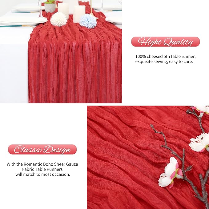 20 Pack Red Cheesecloth Table Runner 120 Inch 10FT Rustic Boho Gauze Cheese Cloth Table Runner for Wedding Party Baby Shower Thanksgiving Christmas Decoration